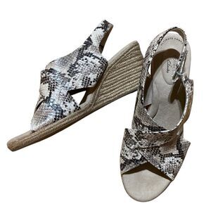 Clarks Gray and Tan Wedge Sandals with Espadrille Heel